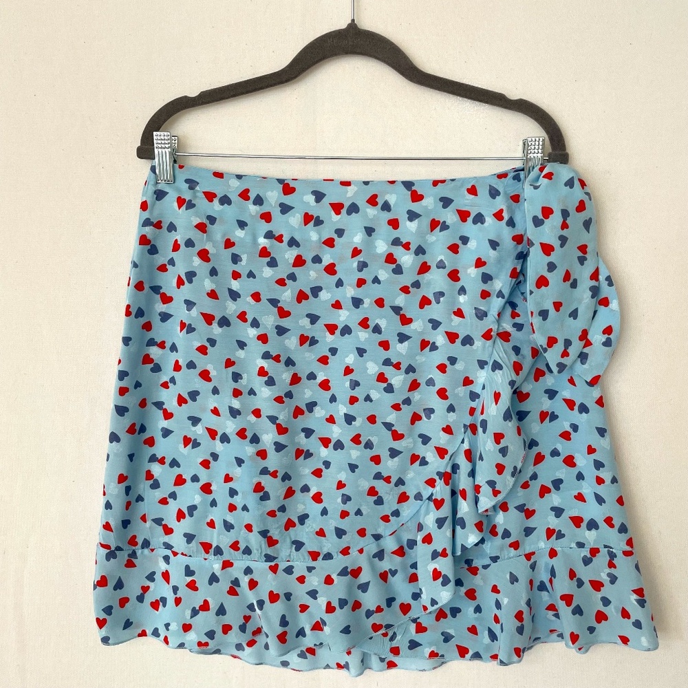 FABIENNE CHAPOT Women's Medium Kea Wrap Skirt Blue w/Red Hearts Ruffle Tie